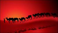 砂漠のラクダ キャラバン日没シルエット赤い背景ベクトル