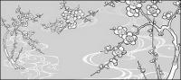 รูปวาดเส้นเวกเตอร์ของดอกไม้-30(Plum blossom, flowing water)