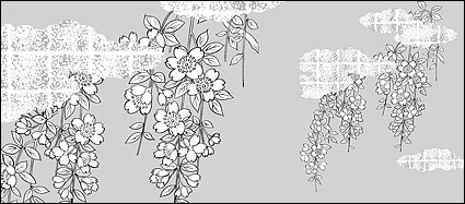 desenho de linha do vetor de nuvens de flores de cereja flores dourada da estrutura