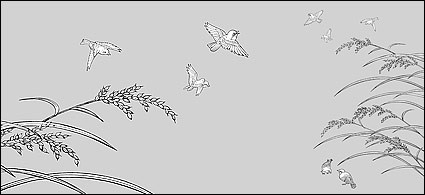 Vektor-Strichzeichnung von Blumen Reis Vgeln