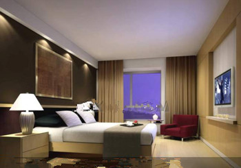 Comfortable business-type hotel bedroom