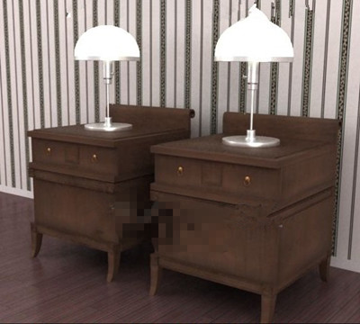 The dark wood pairs of bedside cabinets