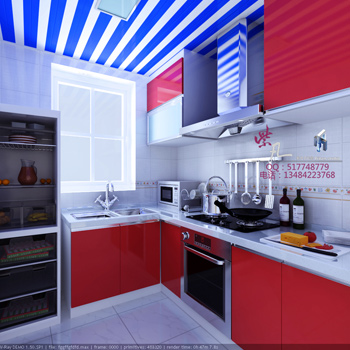 3D model of the red style kitchen