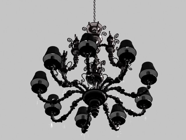 Glass, carved iron chandelier