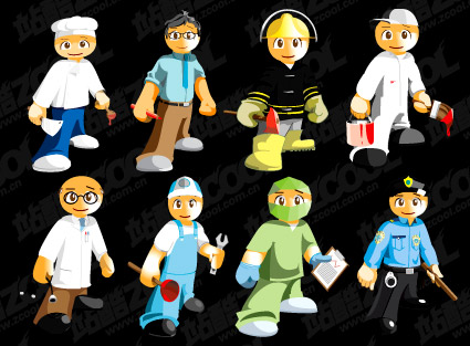 Восемь видов профессиональных мультипликационных персонажей векторный материал