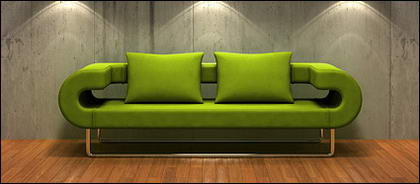 Sofa hijau dengan materi gambar dinding lama