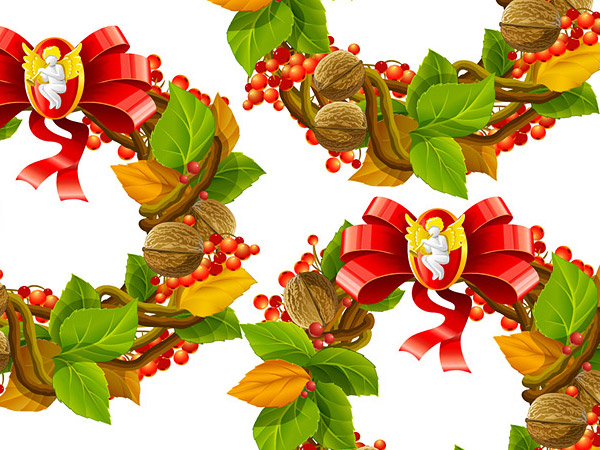 Vector Navidad, adornos navideños, hojas, nueces, Espino chino