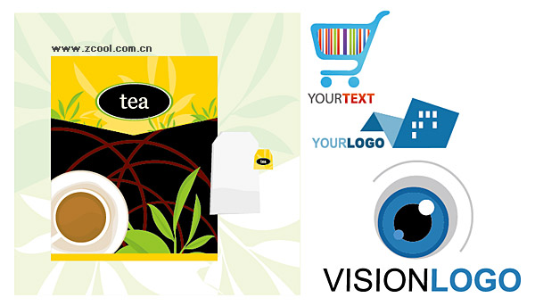 चाय पैकेजिंग और लोगो टेम्पलेट वेक्टर सामग्री