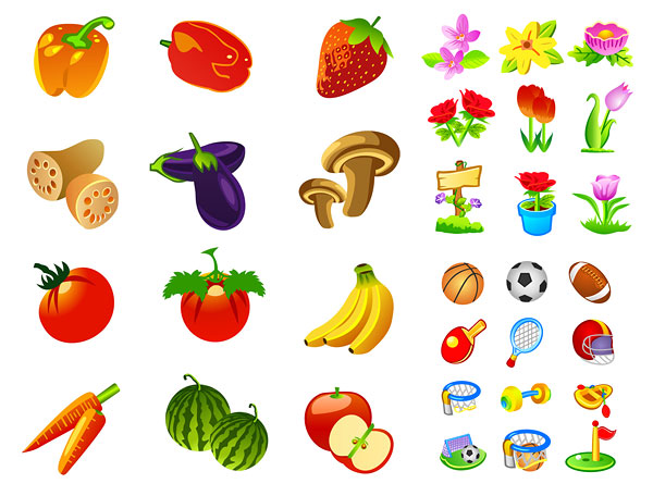 Овощи, фрукты, цветы значок векторного материала движение