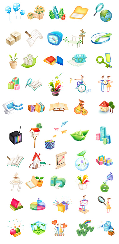 Ballons, Blcke, Geschenke, Bleistifte, Sthle, Uhren, Schlssel, Zauberstab, Lotus, Saatgut-Symbol