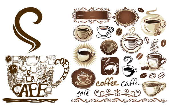 Cafetera, tazas de café, café en grano, café decorado vector
