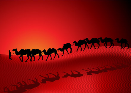 Desierto de camello caravana Sunset silueta fondo rojo Vector