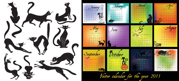 Thème de chat noir de la matière de vecteur de calendrier 2011