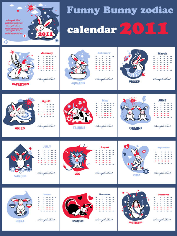 Сладък година на заешки 2011 календар вектор материал