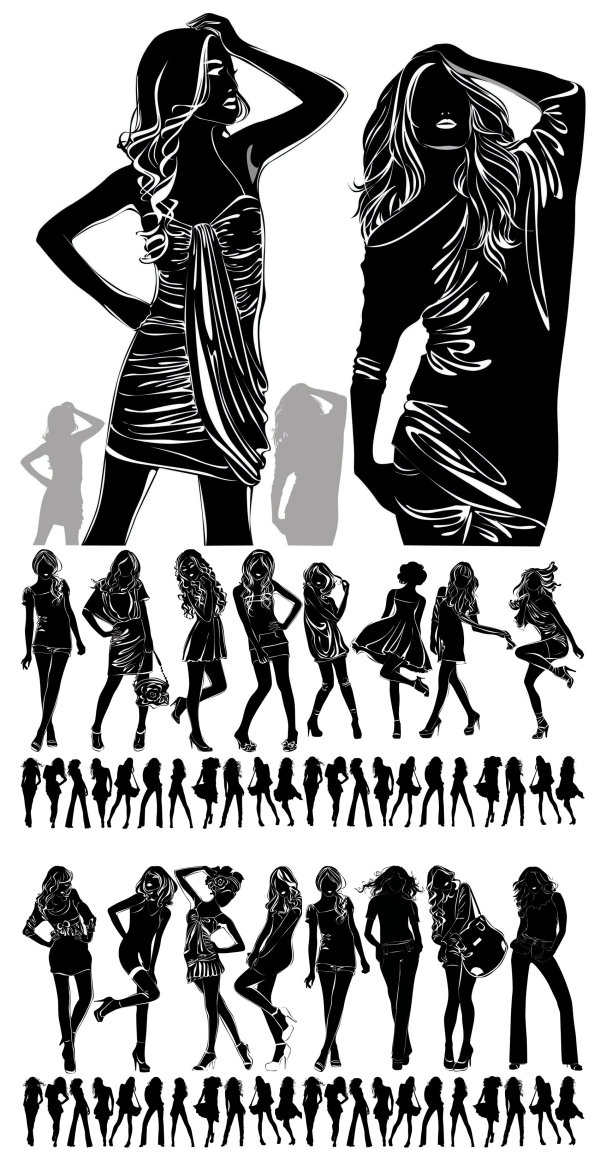 Beautiful girl black and white silhouette vector material