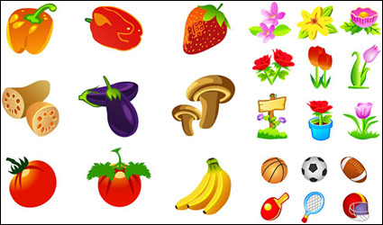 Verduras, frutas, movimiento de material de vector de icono de flores