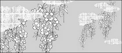 Dessin vectoriel de fleurs-38(Cherry blossoms, clouds, gilded lattice)