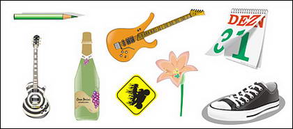 Crayons, guitare, fleurs, calendrier, matériel de vecteur de chaussures