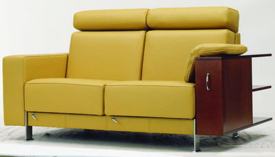 Saffron yellow love seat with wall units