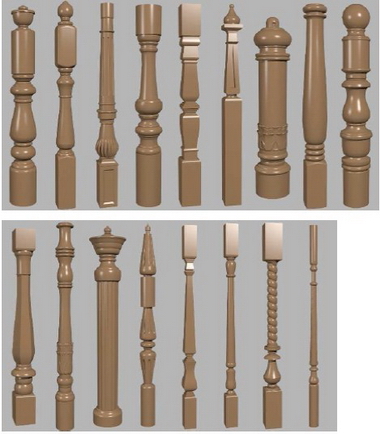The 3D models of various handrails wooden posts